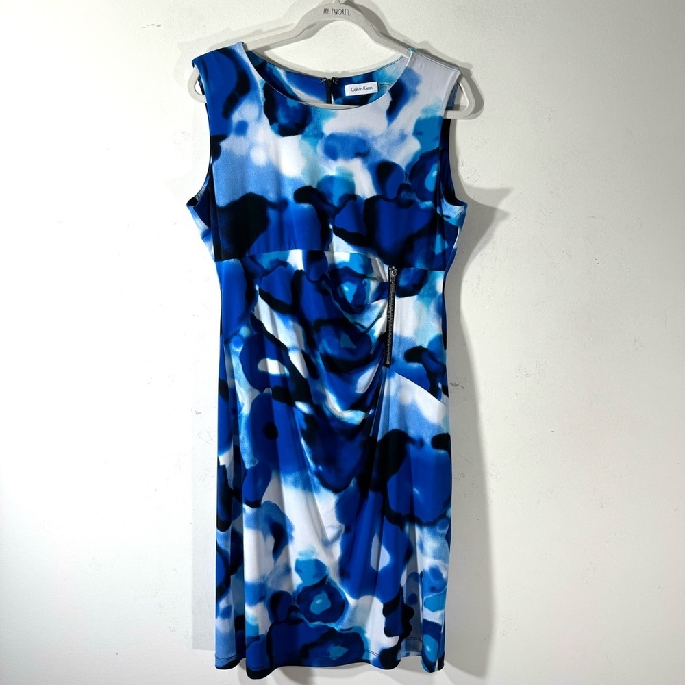 Calvin Klein Blue Print Sleeveless Ruched Dress